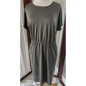 DE Collection knee length safari green knit dress w/elastic waist & back zipper